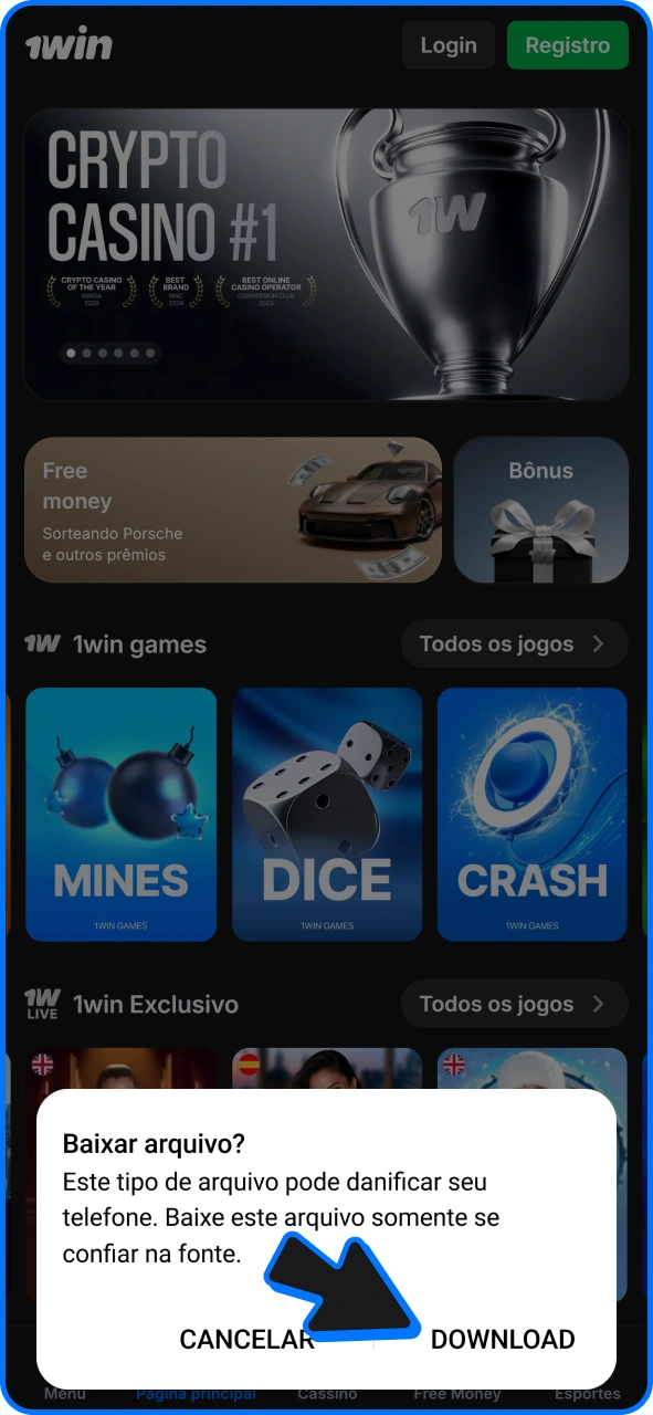 Confirme o download do aplicativo 1win para Android.