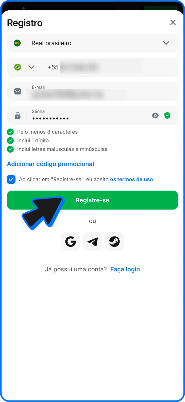 Confirme o formulário de inscrição no aplicativo 1win.