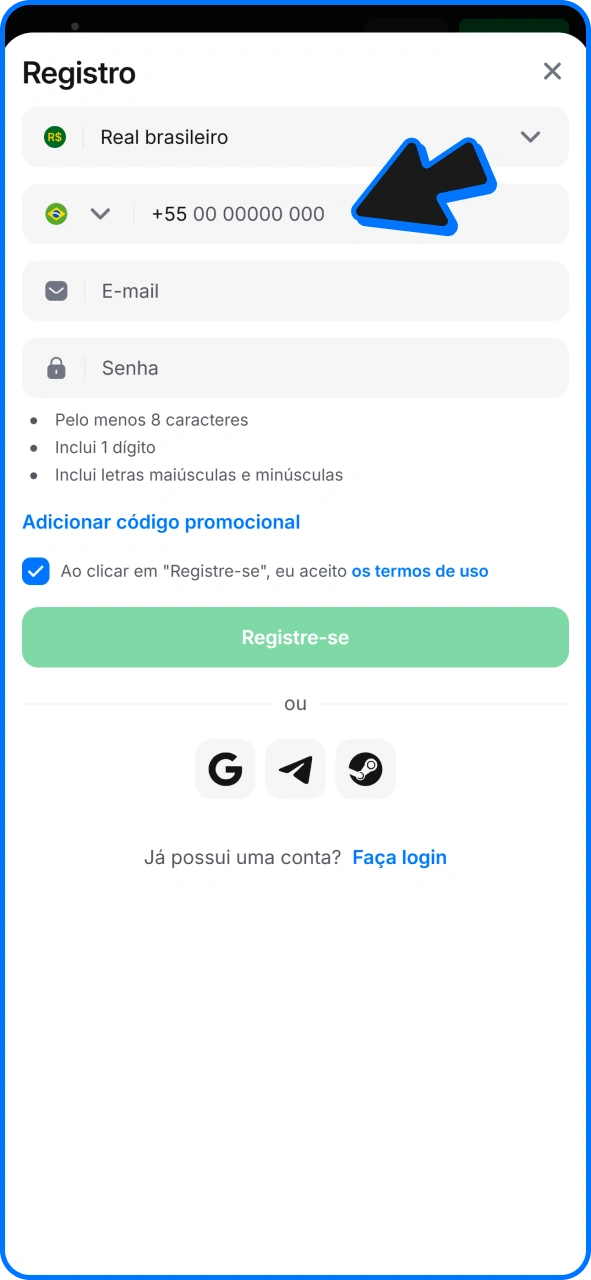 Preencha o formulário de inscrição no aplicativo 1win.