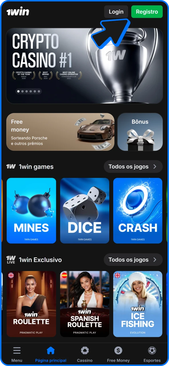 Clique no botão de registro no aplicativo 1win.