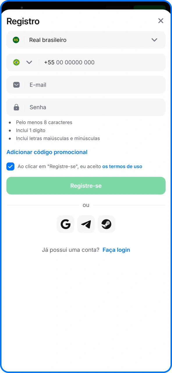 Crie uma conta em poucos toques no aplicativo 1win.