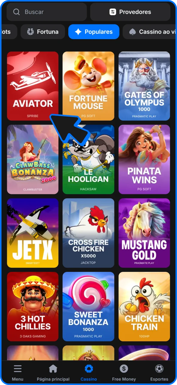 Toque no jogo Aviator para começar a jogar no app da 1win para iOS.
