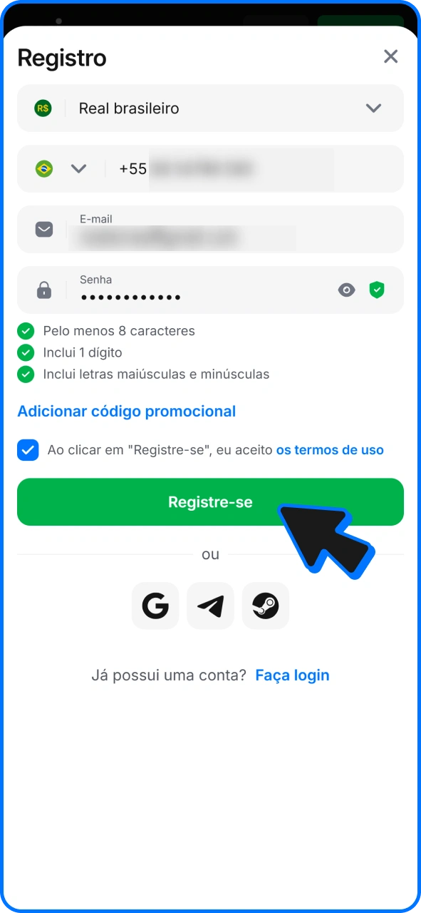 Confirme o formulário de cadastro para entrar na 1win.