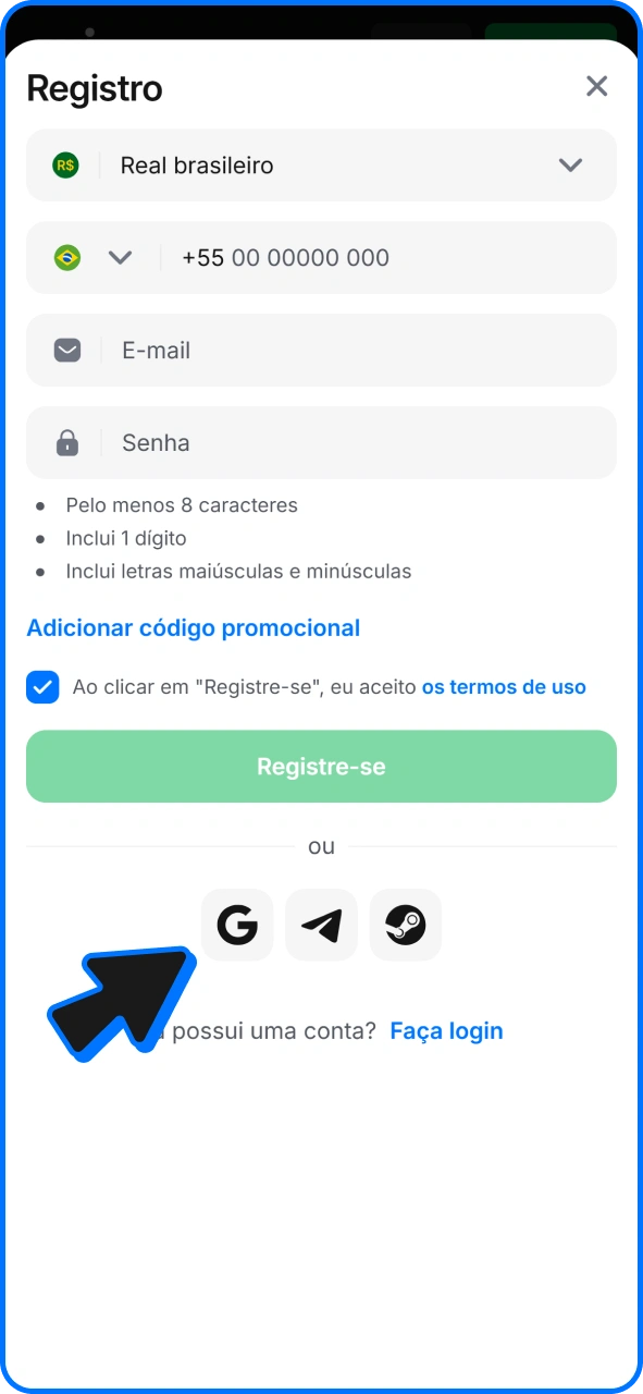 Preencha o formulário ou utilize as redes sociais para se cadastrar na 1win.