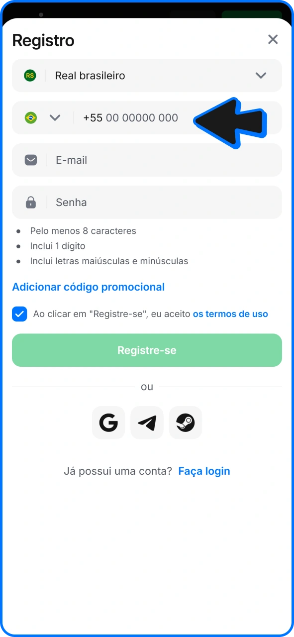 Digite seu telefone, e-mail e senha para se cadastrar na 1win.